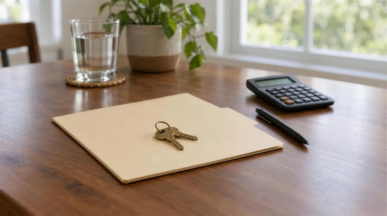 A manila folder on a walnut table with two brass house keys on top, a pen and a desk calculator beside it, and a glass of water and a plant by a bright window