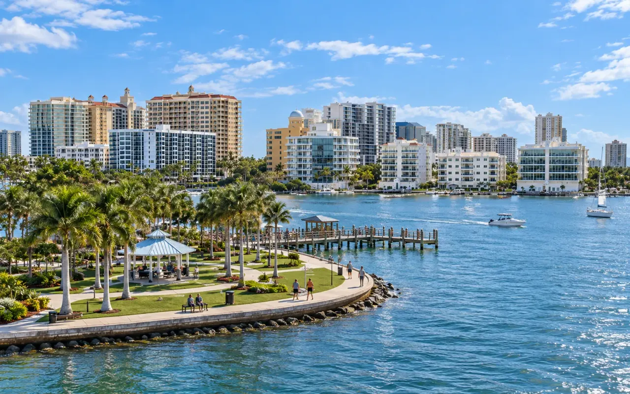 The Sarasota bayfront on a clear day, with palm-lined park paths, a fishing pier and the downtown towers across the water