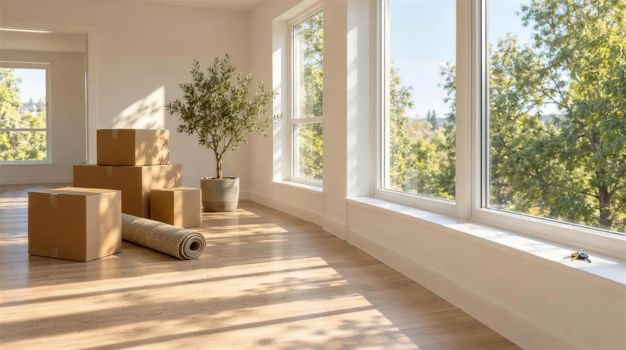 A bright, empty room with moving boxes by the window