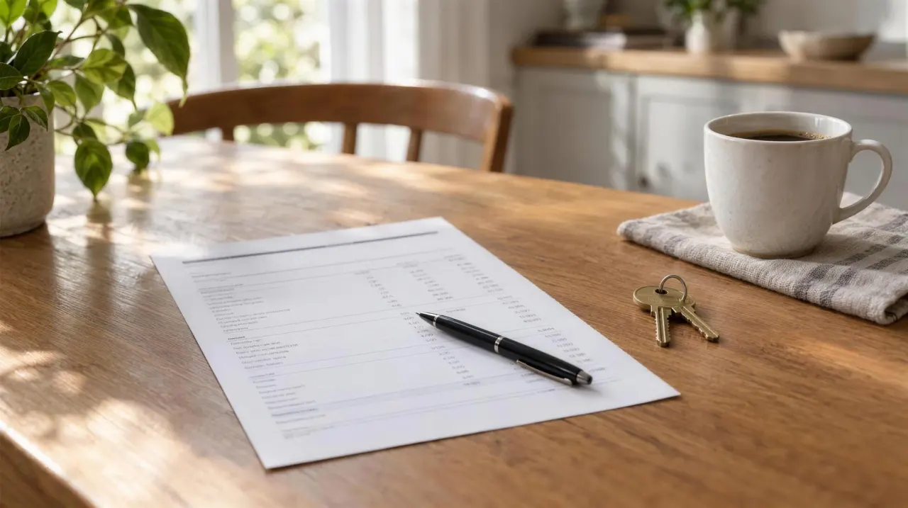 A one-page closing estimate on a wooden kitchen table beside a pen, a set of brass house keys and a cup of coffee, in soft morning light
