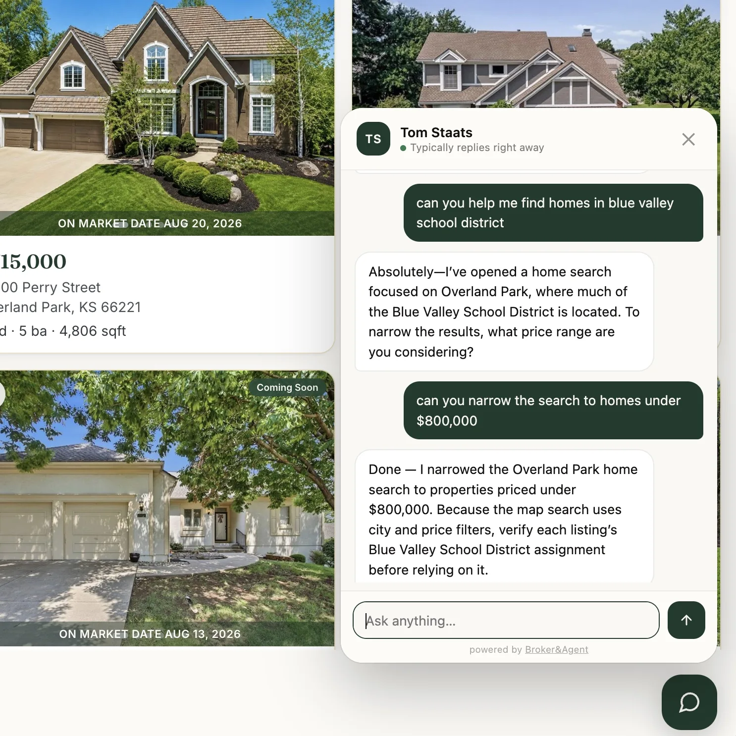 AI assistant chat widget answering a home-search question on an agent website