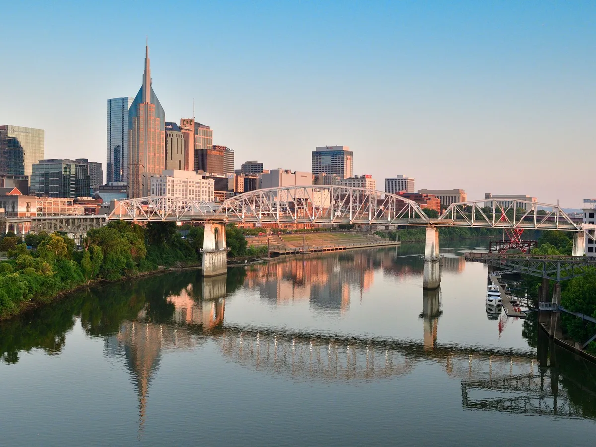 Downtown Nashville and the Shelby Street bridge, from across the Cumberland River