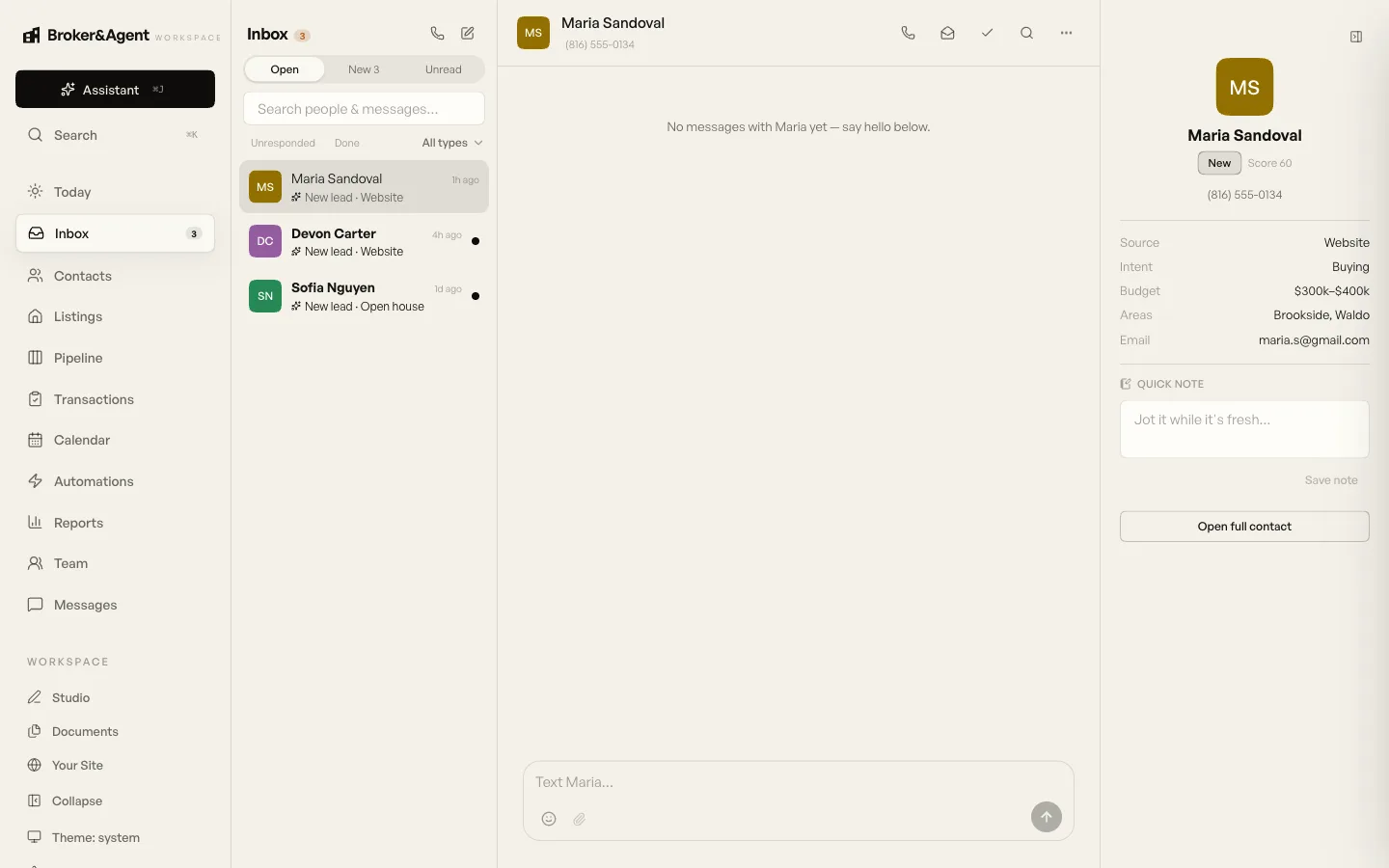 The Workspace inbox with new leads, where each one came from, and their details beside the conversation
