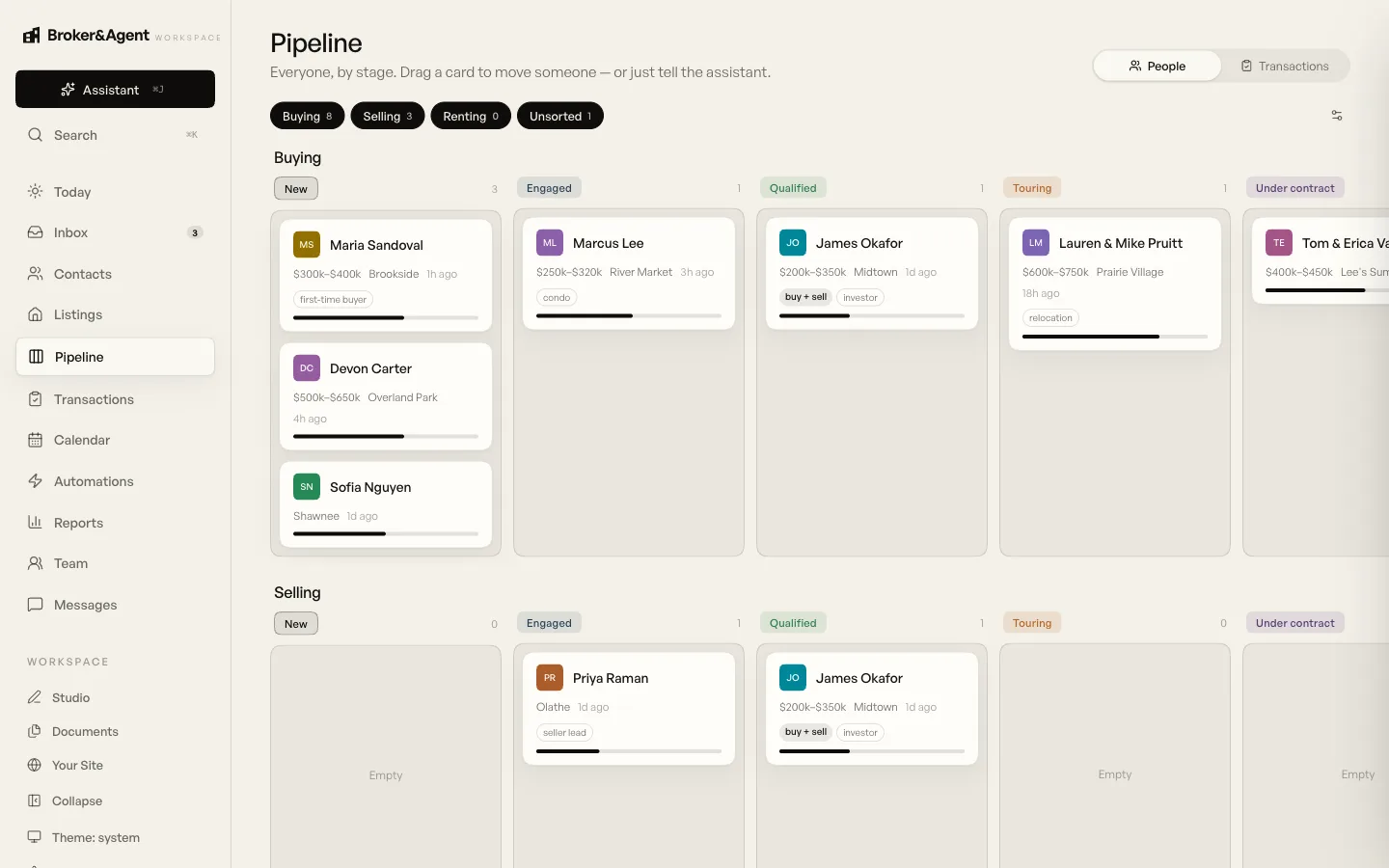 The pipeline board with buyers and sellers organized by stage
