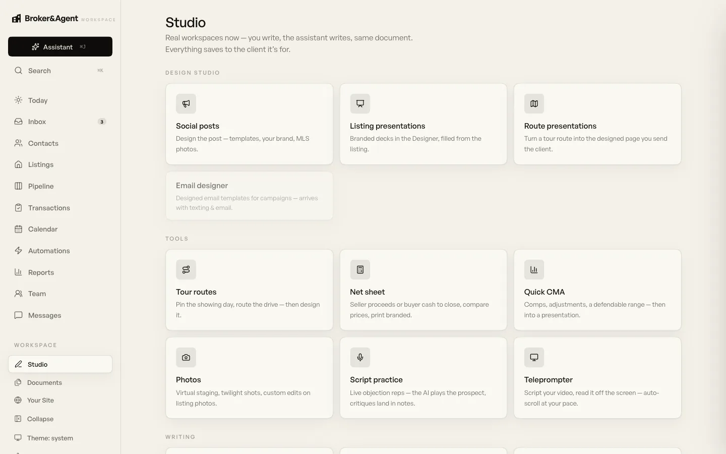 Studio in Workspace with CMAs, net sheets, presentations, staging, scripts and coaching