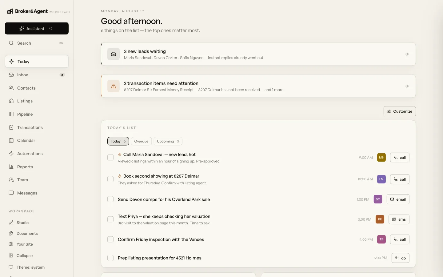 The Workspace Today screen showing new leads, transaction items that need attention, and the day’s call list