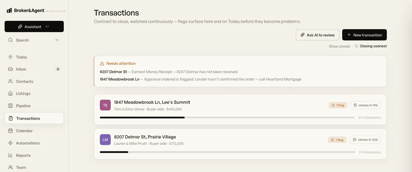 The Workspace transactions board, showing live deals by stage with close dates and commission