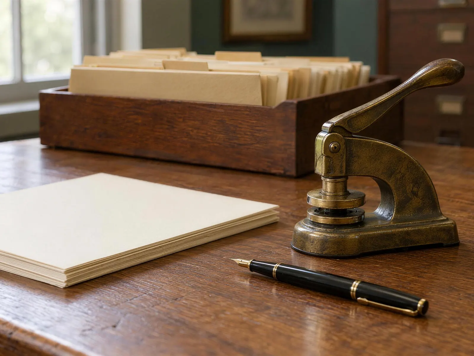 Blank deed papers and a brass embossing seal on a worn oak desk in a quiet records office, in soft window light