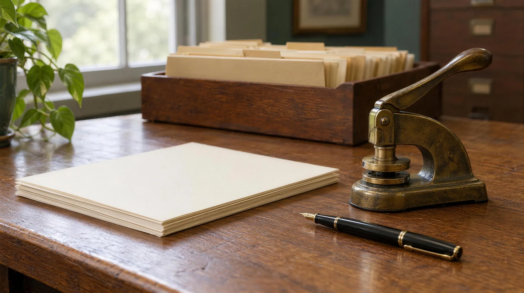 Blank deed papers and a brass embossing seal on a worn oak desk in a quiet records office, in soft window light